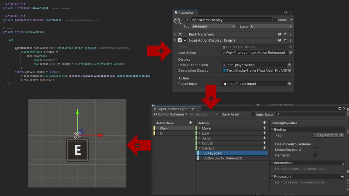 #unitytips
Show players what key to press for an action with support for multiple input devices?

With help of PlayerInput and a nicely made InputActionAsset it is automated entirely.

This utilizes ToDisplayString which converts bindings into strings.

#indiedev #gamedev