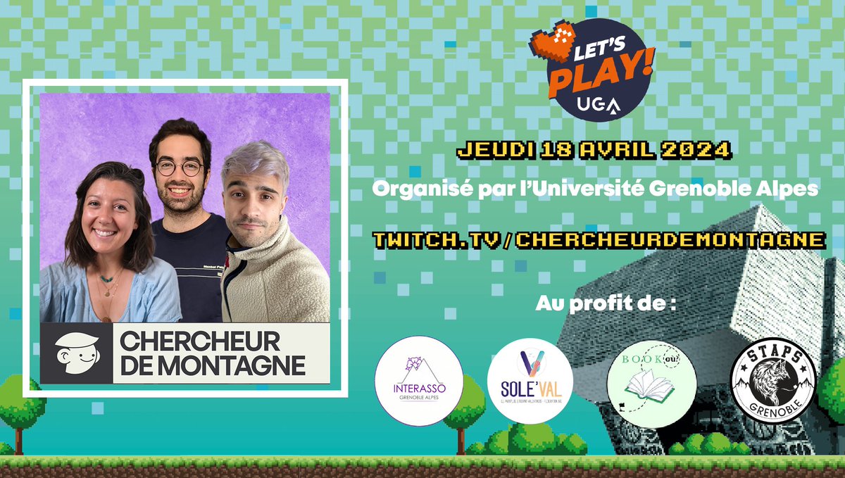 😱 On a pas streamé depuis 2 mois mais on revient direct avec 1 banger : 
NOTRE 1ER ÉVENT CARITATIF 🤯

#LetsPlayUGA c’est organisé par <a href="/UGrenobleAlpes/">Université Grenoble Alpes</a> en faveur de 4 associations qui luttent contre la précarité étudiante 

📆RDV Jeudi 18 avril 9h-19h : twitch.tv/chercheurdemon…
