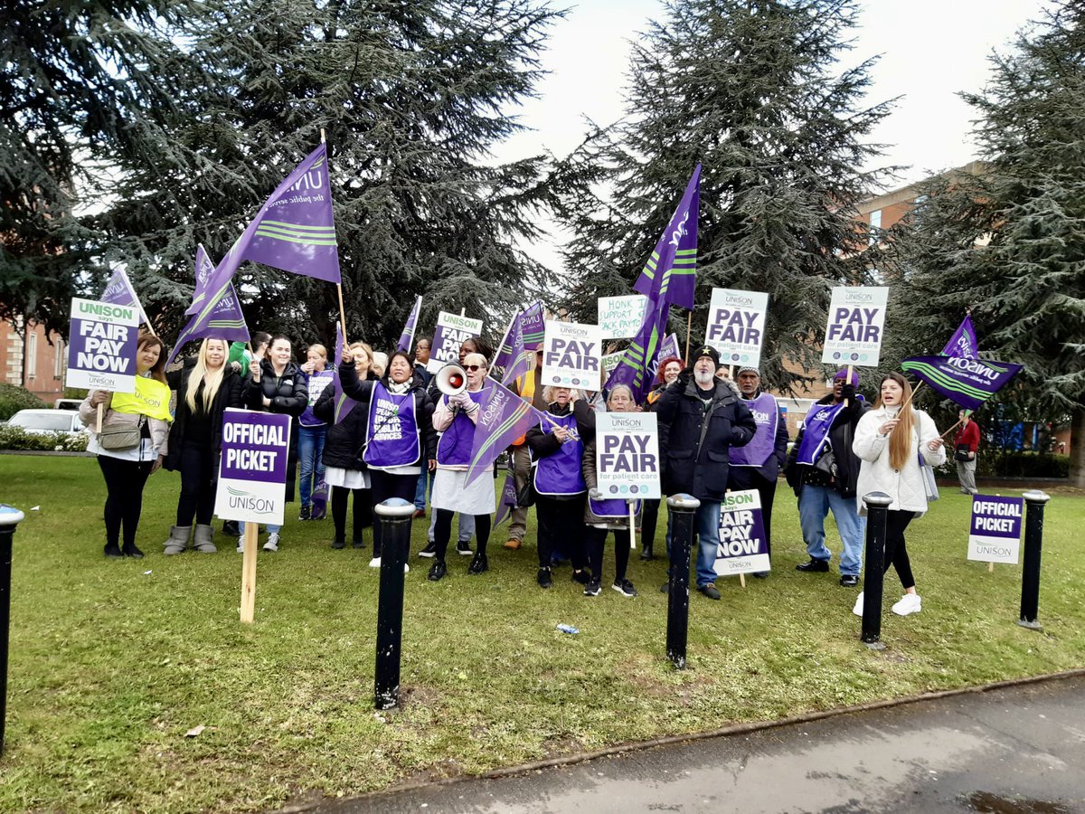 Great turnout on the picket line today. These HCAs are amazing! They do so much to help us in our hour of need & deserve back pay for working beyond their pay grade for years💜 #Payfairforpatientcare