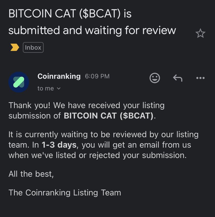 BCATCTO's tweet photo. Done Listing Req

See you @ coinranking

 Bitcoin CAT always on Top

#solana #bcat #cto https://t.co/SziHhABTP2