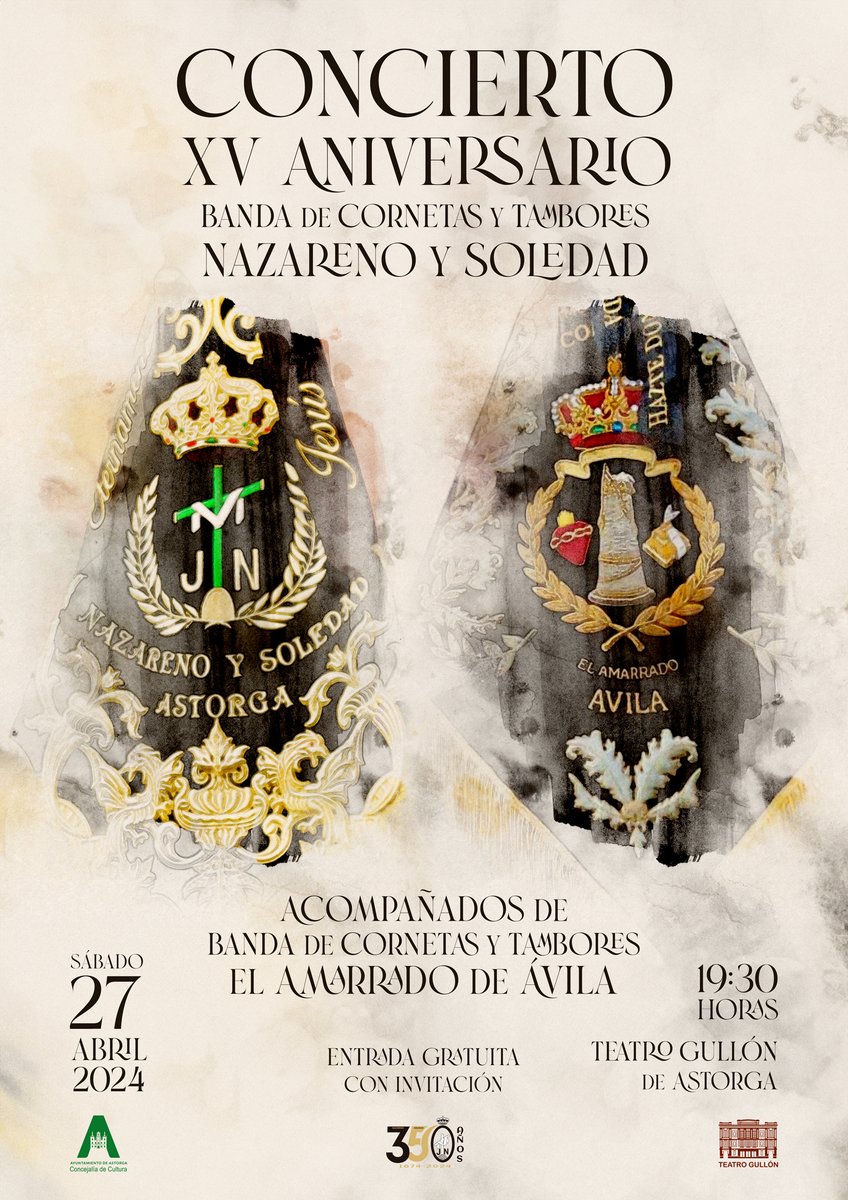 🎶 Concierto XV Aniversario Nazareno y Soledad
🗓️ Sábado, 27 de abril de 2024 
⏰ 19:30 h 
📍 Teatro Gullón de Astorga
🎟️ Entrada gratuita con invitación
🎺 Acompañados de <a href="/Amarrado_Avila/">El Amarrado de Ávila</a>
📰 Más info en: banda.nazarenoysoledad.es/noticia.php?id…