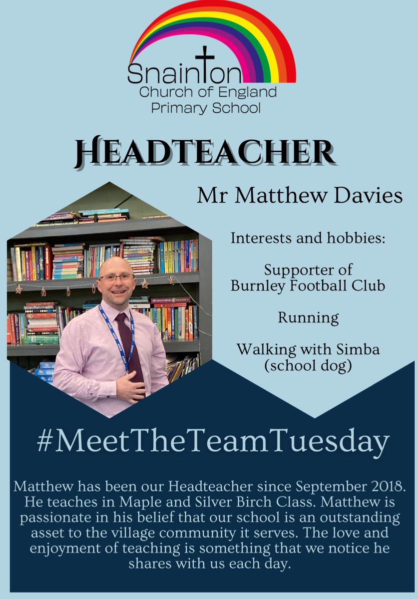 SnaintonSchool's tweet photo. Welcome to the first of our #MeetTheTeamTuesday 

Today, we introduce you to our Headteacher, Matthew Davies. 

We are excited to introduce a new member of the team each Tuesday 

#VillageSchool https://t.co/i32HFqexS0