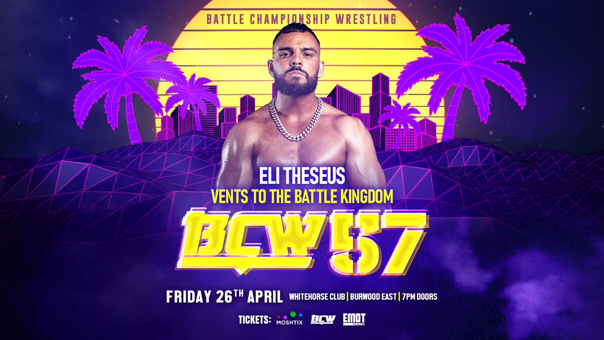 ***BCW 57 ANNOUNCEMENT*** In next announcement for BATTLE CHAMPIONSHIP WRESTLING 57 the one-time BCW TAG TEAM CHAMPION, ELI THESEUS of THE PAREA – VENTS TO THE BATTLE KINGDOM! Book here: moshtix.com.au/.../battle-cha… #battlechampionshipwrestling