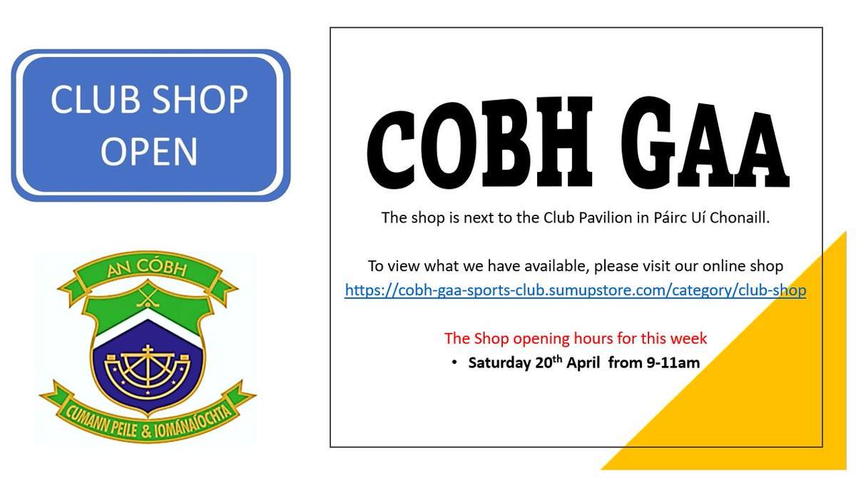 The Shop opening hours for this week Saturday 20th April from 9-11am To view what we have available, please visit our online shop cobh-gaa-sports-club.sumupstore.com/category/club-…