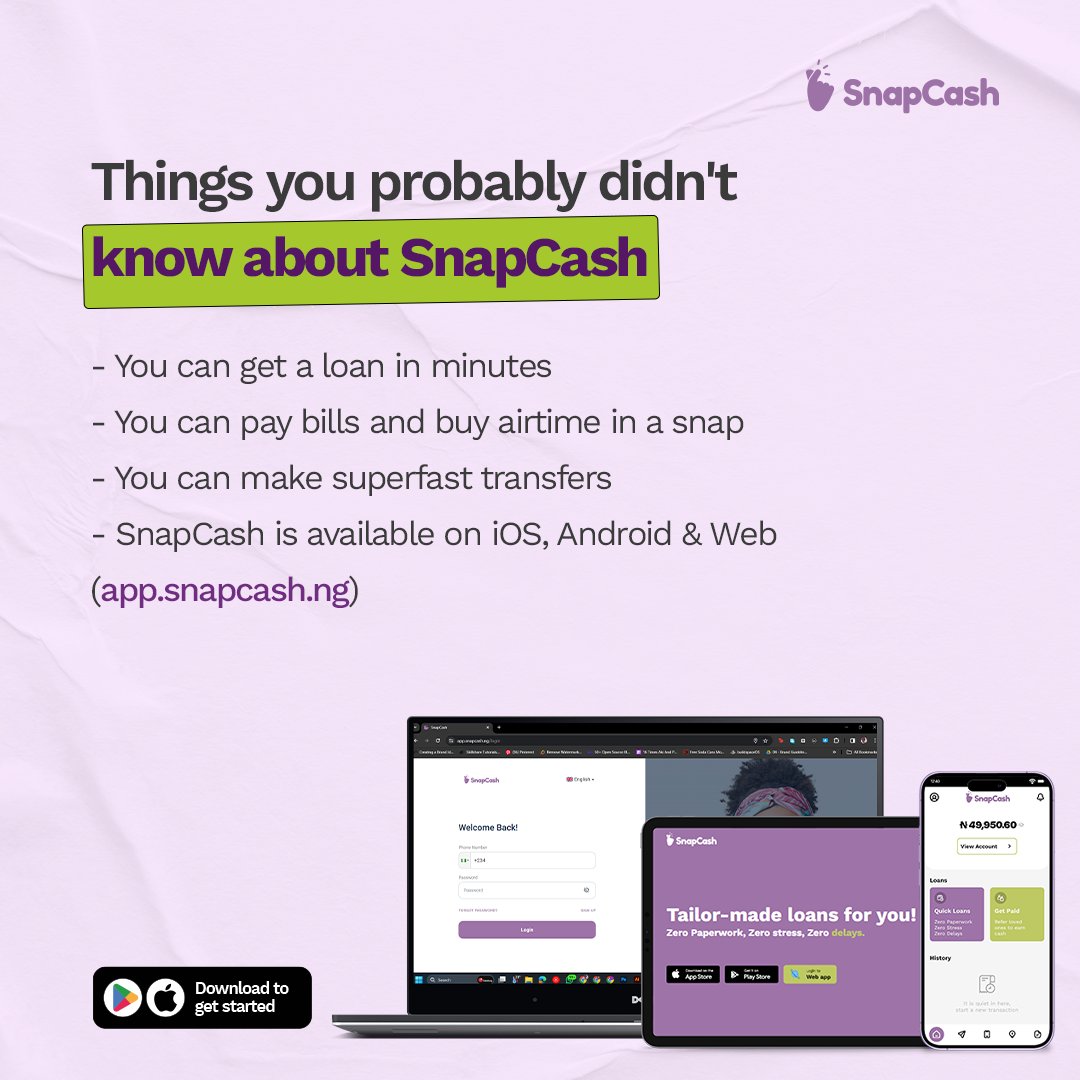 With SnapCash, you can sort bills seamlessly.

From airtime recharge to data purchase, SnapCash has you covered. 

#SnapCash #FastLoans #QuickLoans