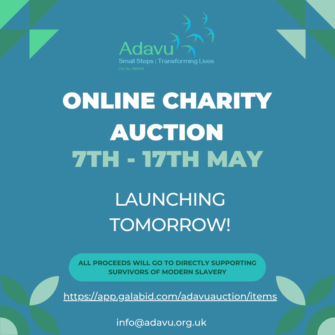 Not long now! Adavu's online auction opens tomorrow - please visit and make a bid on some fantastic items - days out, cafe and restaurant vouchers, original art work, hand-tailored clothing, pampering hampers and more! Visit app.galabid.com/adavuauction/i…
