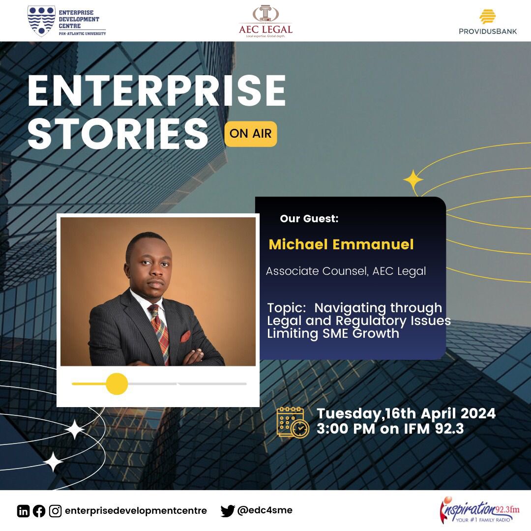 AecLegal's tweet photo. Join our Associate Counsel, Michael Emmanuel 3PM today on https://t.co/k2ikKJHqYj

Topic: Navigating through Legal and Regulatory Issues Limiting SME Growth https://t.co/VMpU10B9r3