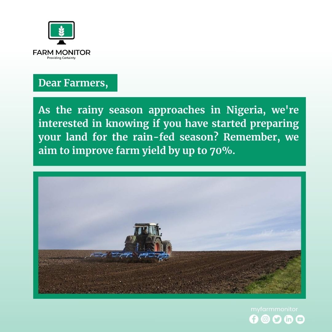 Dear Farmers,

As the rainy season approaches, have you started preparing your land for the rain-fed season? Remember, we aim to improve farm yield by up to 70%.

Download the App today!!!

play.google.com/store/apps/det…

#FarmMonitor #Soilanalysis #inventory #FarmingTechnology 🚜
