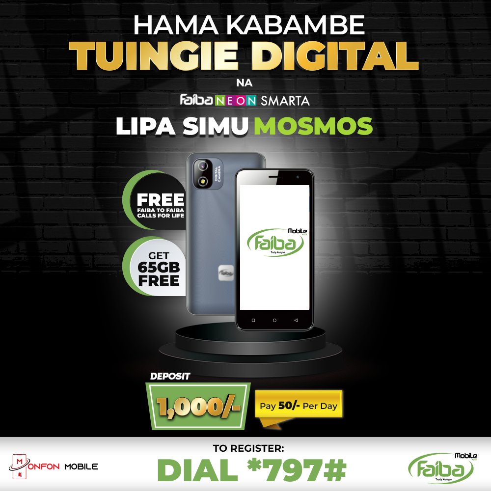 TUINGIE DIGITAL NA FAIBA NEON SMARTA! GET 65GB FREE upon SIM Activation. Enjoy FREE Faiba to Faiba Calls For Life! Dial *797# to Register! Available at Faiba shops countrywide. #GetFaiba #TuingieDigital #HamaKabambe