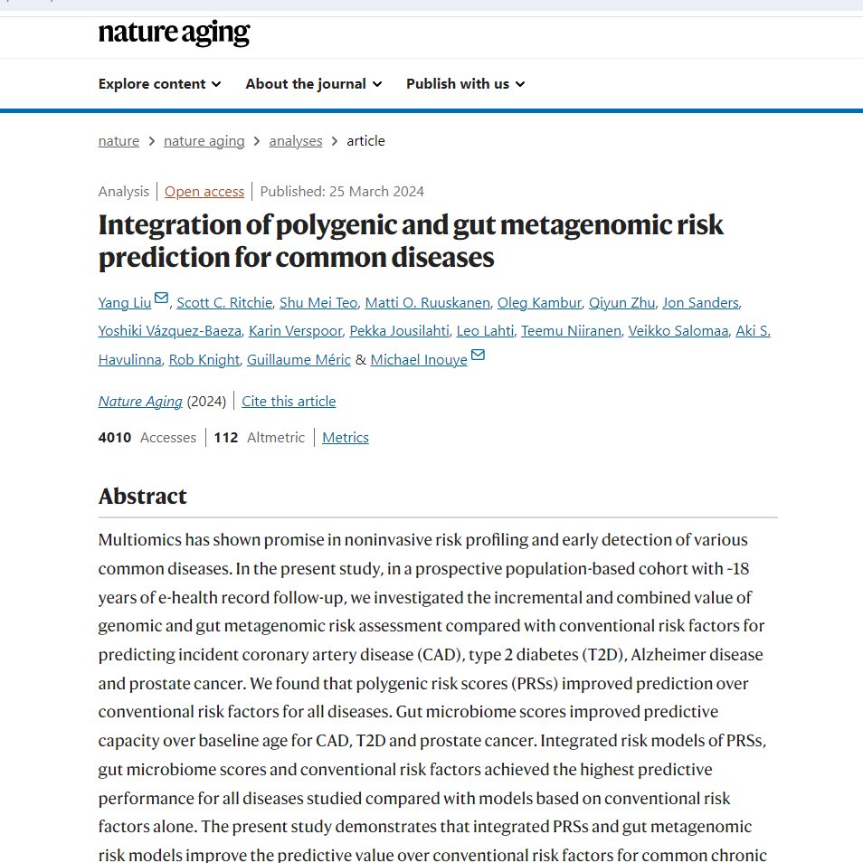 CEU research out in Nature!🎉 Congratulations to Dr Yang Liu and colleagues! Risk scores based on our genes and gut bacteria can improve the prediction of diseases such as type 2 diabetes & prostate cancer over traditional risk factors alone. Read here: tinyurl.com/vb5x6c2f