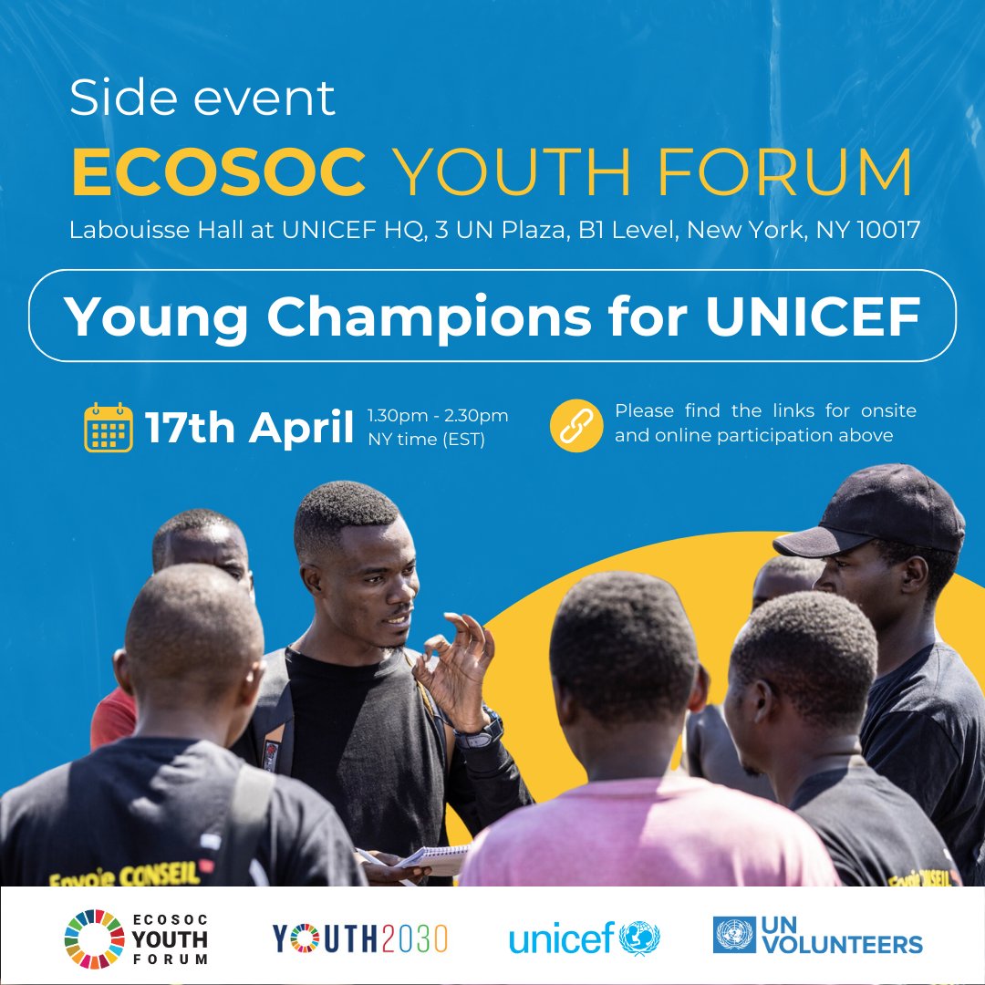 Join us with @UNICEFDRC at the @UNECOSOC #Youth2030 Forum side-event this Wednesday! Stand with young leaders as we drive towards the #GlobalGoals by 2030. Let’s make every voice count! ⏲️5.30pm- 6.30pm Dakar Time Onsite bit.ly/3U2kmtB Online bit.ly/3vT3GfU