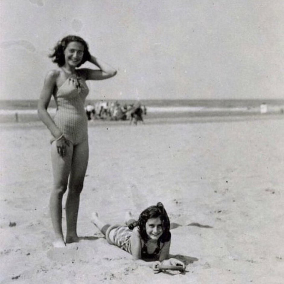 Anne Frank photographed with her sister Margot at the beach in Zandvoort, 1940. Margot was the elder sister of Anne, and according to Anne's diary, she also kept a diary of her own, but no trace of it has ever been found. She died in Bergen-Belsen concentration camp in 1945.