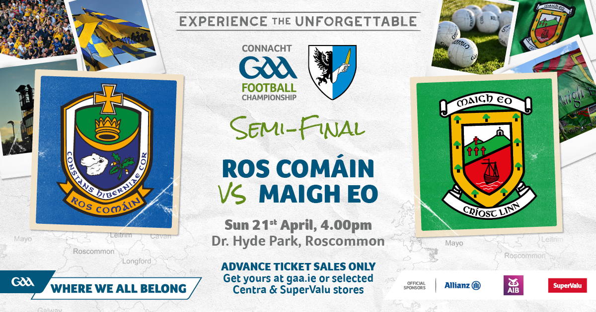 6️⃣days to go to the Connacht SFC Semi Final between @MayoGAA and @RoscommonGAA in Dr Hyde Park, throw in 4pm! Reminder that this game is advance tickets sales only, get yours through the link below or selected Centra and SuperValus! #ConnachtGAA ticketmaster.ie/connacht-senio…
