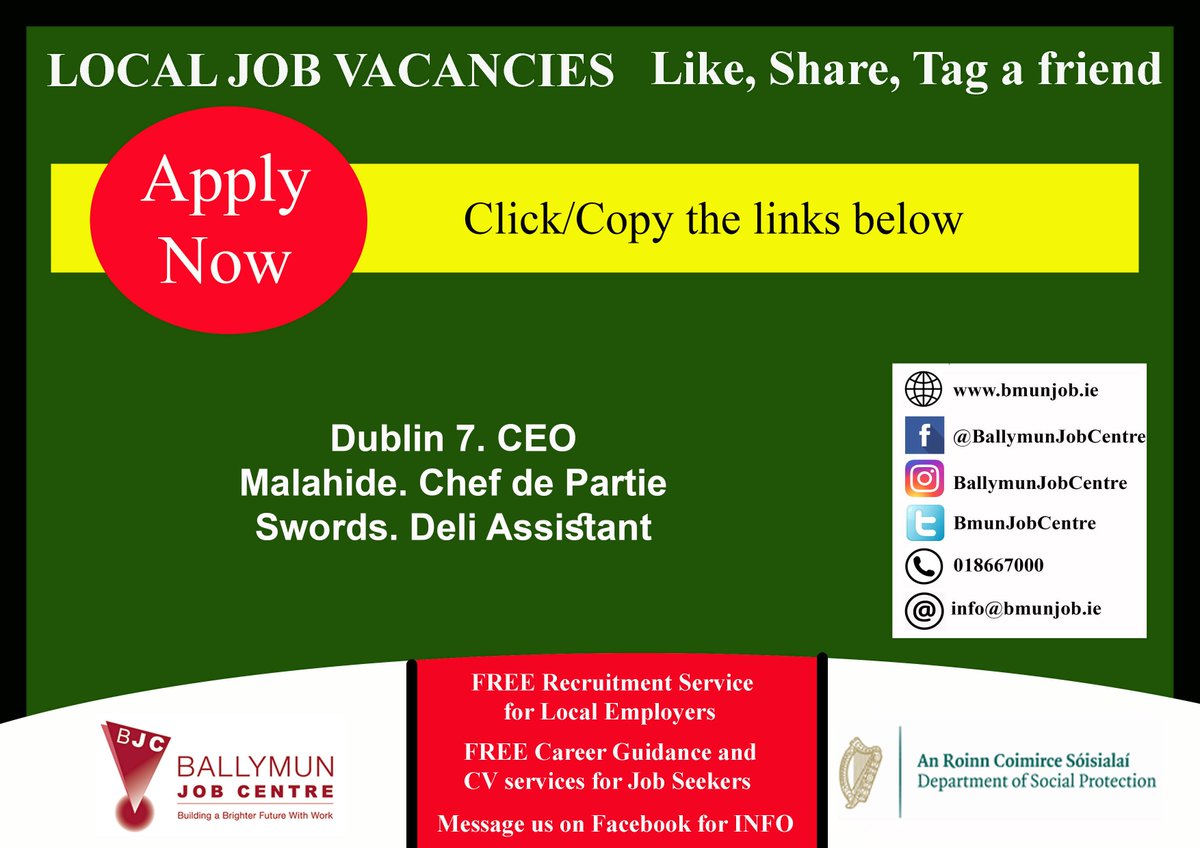 👉 Visit us at: Bmunjob.ie Vacancies #bmunjob #jobfairy #dublinjobS Dublin 7. CEO is.gd/CUvpyR Malahide. Chef de Partie jobsireland.ie/en-US/job-Deta… Swords. Deli Assistant is.gd/qGkrjo