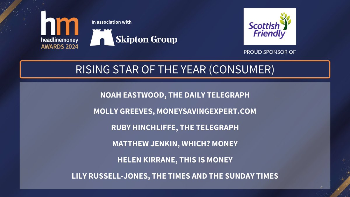 Headlinemoney (@headlinemoney_) on Twitter photo Now to announce the shortlist for Rising Star of the Year (Consumer) #HMAwards24, sponsored by <a href="/scotfriendly/">Scottish Friendly</a>...
Well done <a href="/NoahEastwood9/">Noah Eastwood</a>, <a href="/MollyGreeves/">Molly Greeves</a>, <a href="/rubyhinchliffe/">Ruby Hinchliffe</a>, <a href="/matthewjenkin/">Matthew Jenkin</a>, <a href="/helen_kirrane/">Helen Kirrane</a> &
<a href="/lilycsrj/">Lily</a> š
tinyurl.com/dxtr4nt8 Now to announce the shortlist for Rising Star of the Year (Consumer) #HMAwards24, sponsored by <a href="/scotfriendly/">Scottish Friendly</a>...
Well done <a href="/NoahEastwood9/">Noah Eastwood</a>, <a href="/MollyGreeves/">Molly Greeves</a>, <a href="/rubyhinchliffe/">Ruby Hinchliffe</a>, <a href="/matthewjenkin/">Matthew Jenkin</a>, <a href="/helen_kirrane/">Helen Kirrane</a> &
<a href="/lilycsrj/">Lily</a> š
tinyurl.com/dxtr4nt8