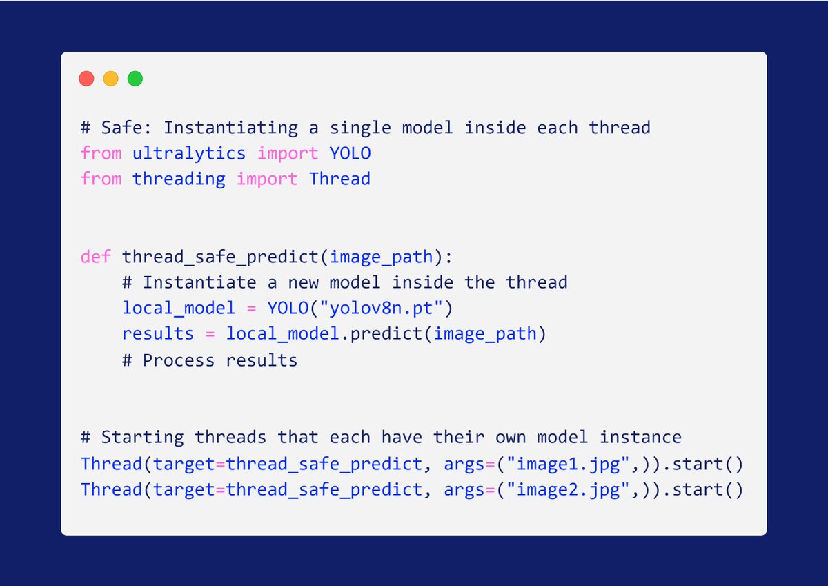 ultralytics's tweet image. Ensuring thread-safe inference with Ultralytics YOLOv8 requires careful attention when running YOLO models in a multi-threaded environment. Use the code snippet below to create thread-safe YOLO model inference. 😍

Learn more ➡️ ow.ly/JBVt50RgRz0

#AI #Threading #yolov8