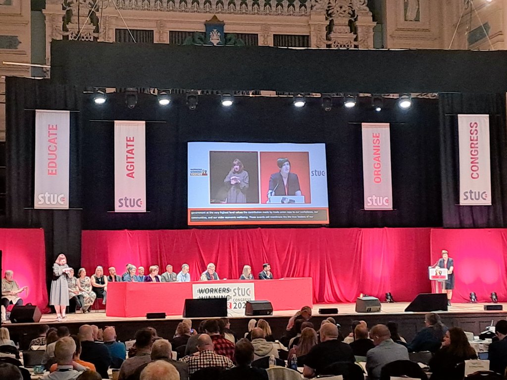 General Secretary @RozFoyer @ScottishTUC welcoming @HumzaYousaf and introducing the #STUC24 Union Rep Awards. With the First Minister presenting the awards, @scotgov is recognising the key role of trade unions within workplaces.