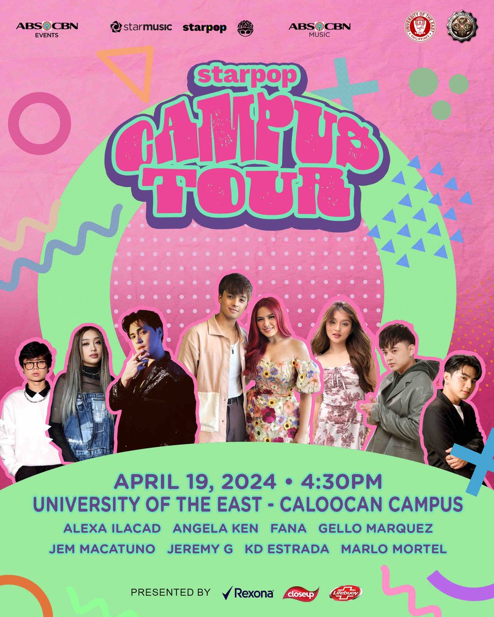 Let's all believe in magic this coming April 19, 2024, at the University of the East (Caloocan Campus) at 4:30 PM as ABS-CBN music artists KD Estrada, Alexa Ilacad, Angela Ken, Jeremy G, Gello Marquez, Jem Macatuno, FANA, and Marlo Mortel perform at the #StarPopCampusTour!…