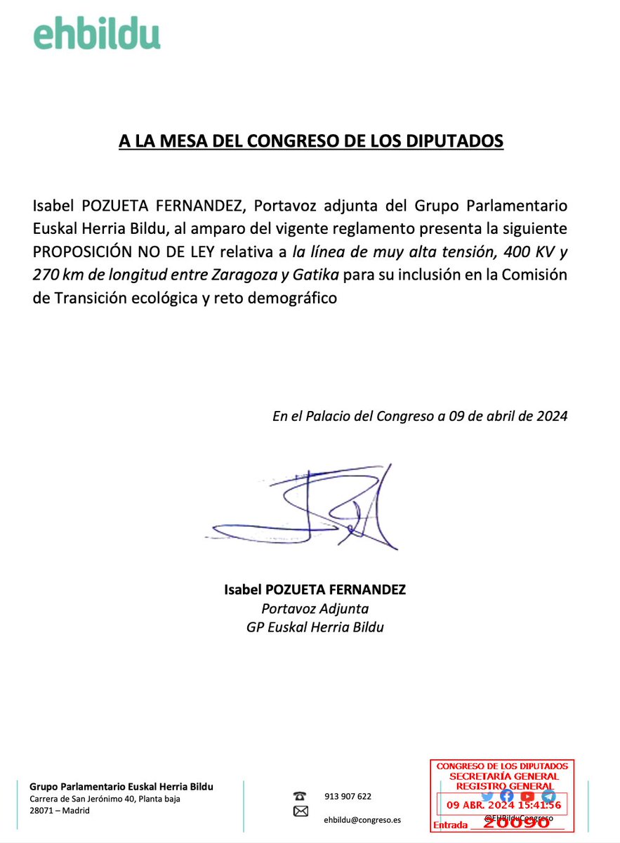 BelPozueta's tweet photo. Instamos al Gobierno a emitir un informe desfavorable a la línea de alta tensión de 270 km de la empresa #Forestalia entre Zaragoza y Gatika y respetar la postura contraria de las localidades afectadas y del @gob_na.

Iniciativa presentada en el Congreso. #AutopistaElektrikorikEz https://t.co/2UAiX7lktT