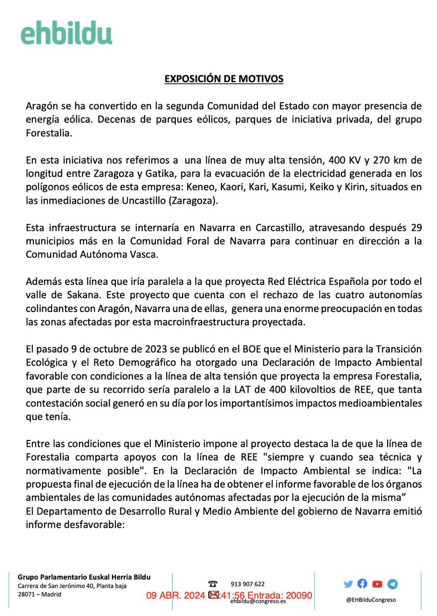 BelPozueta's tweet photo. Instamos al Gobierno a emitir un informe desfavorable a la línea de alta tensión de 270 km de la empresa #Forestalia entre Zaragoza y Gatika y respetar la postura contraria de las localidades afectadas y del @gob_na.

Iniciativa presentada en el Congreso. #AutopistaElektrikorikEz https://t.co/2UAiX7lktT