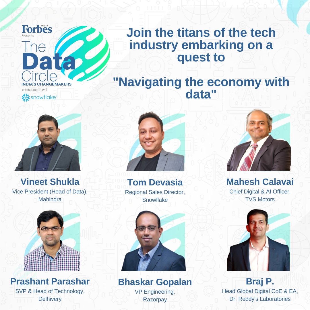 ForbesIndia's tweet photo. #Partnered Join the titans of the tech industry embarking on a quest to "Navigating the economy with data" at the Forbes India presents 'The Data Circle' in association with @SnowflakeDB.
https://t.co/cEvcUo6jJy
#TheDataCircle #TheDataCloud #Mahindra #TVSMotors #Delhivery #Razorpay #DrReddys
