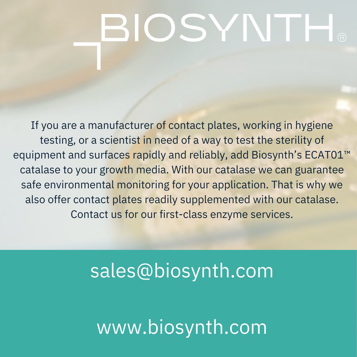 BiosynthGroup's tweet photo. Part 2/2 If you are a manufacturer of contact plates, working in #hygienetesting, or a scientist needing to test equipment and surface #sterility rapidly and reliably, add Biosynth’s ECAT01™ #catalase to your growth media https://t.co/lMrFlrrVeW
#growthmedia #Food #enzymes https://t.co/rEc6RsSKg3