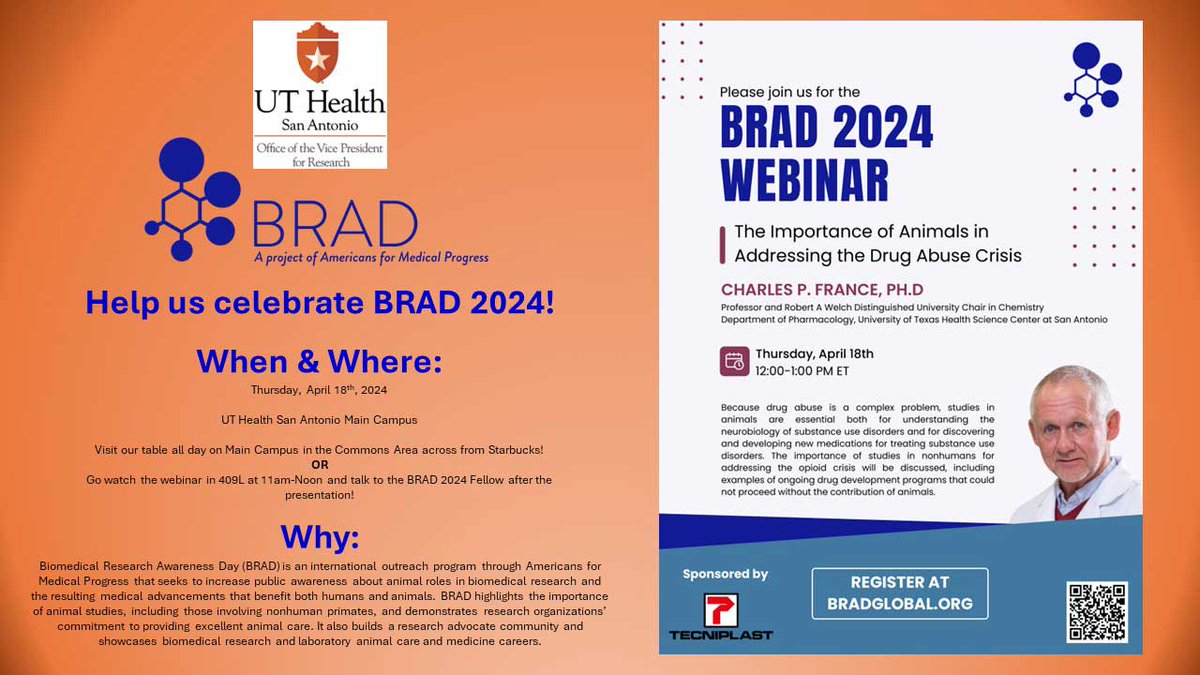 @UTHealthSA has celebrated BRAD since 2018. Join us 4/18, when we will host an informational table all day in the Lecture Commons across from Starbucks and host the 2024 BRAD webinar. events.uthscsa.edu/event/biomedic…