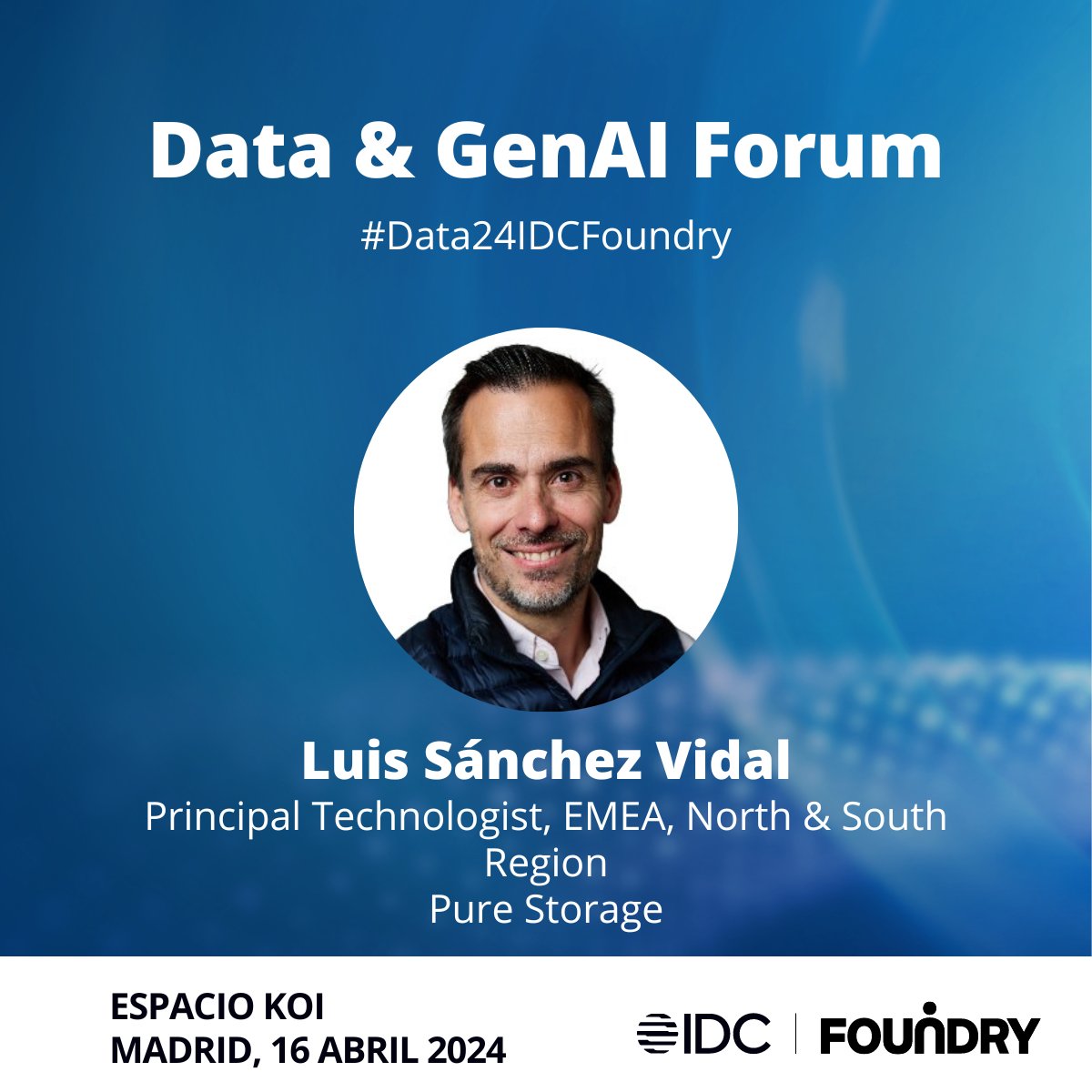 Es turno en el escenario para la ponencia de Luis Sánchez, Principal Technologist, EMEA, en @purestoragees. #Data24IDCFoundry @FoundrySpain @IDCSpain #Data #IA #GenAI