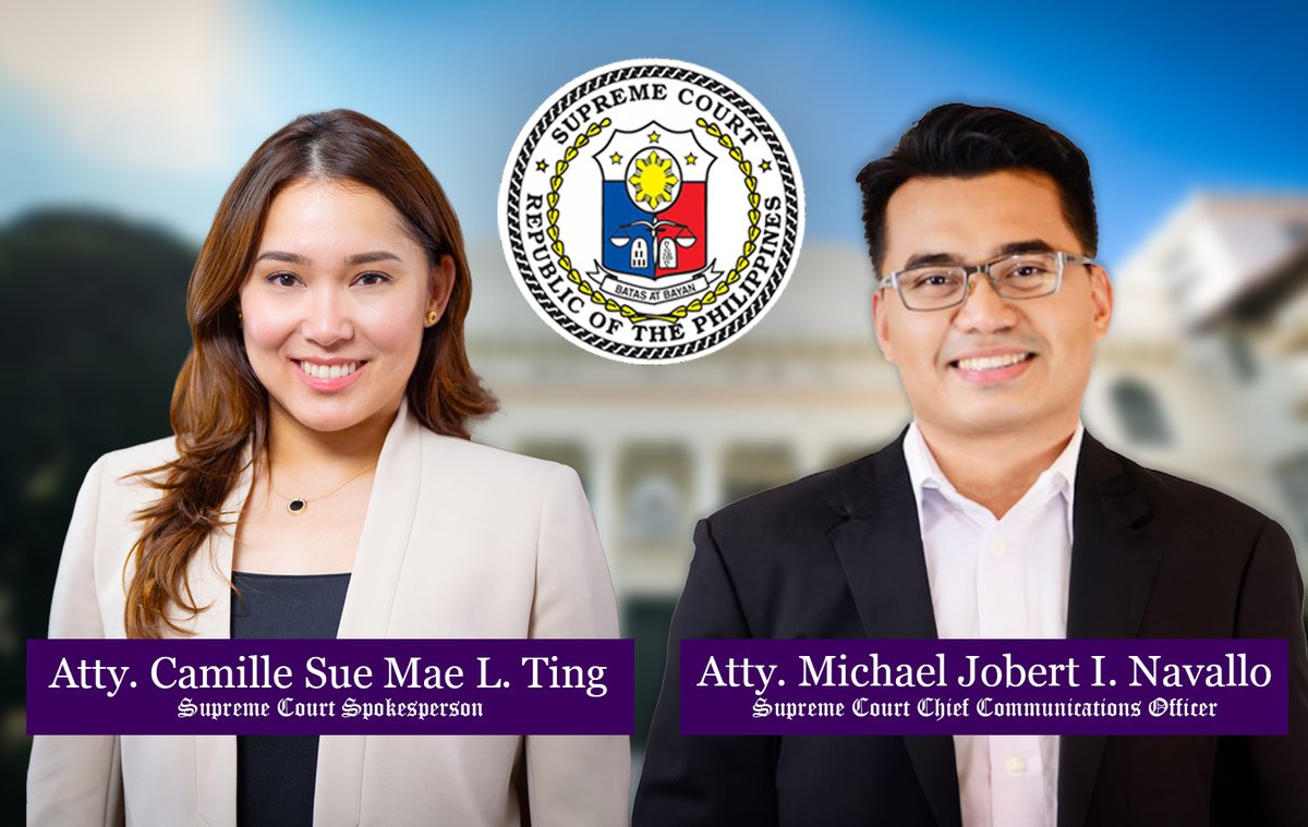 The Supreme Court today named multi-platform journalist-lawyer Atty. Michael Jobert “Mike” I. Navallo as its Chief Communications Officer and SC Court Attorney Camille Sue Mae L. Ting as its new Spokesperson. Atty. Ting is the High Court’s first female Spokesperson.