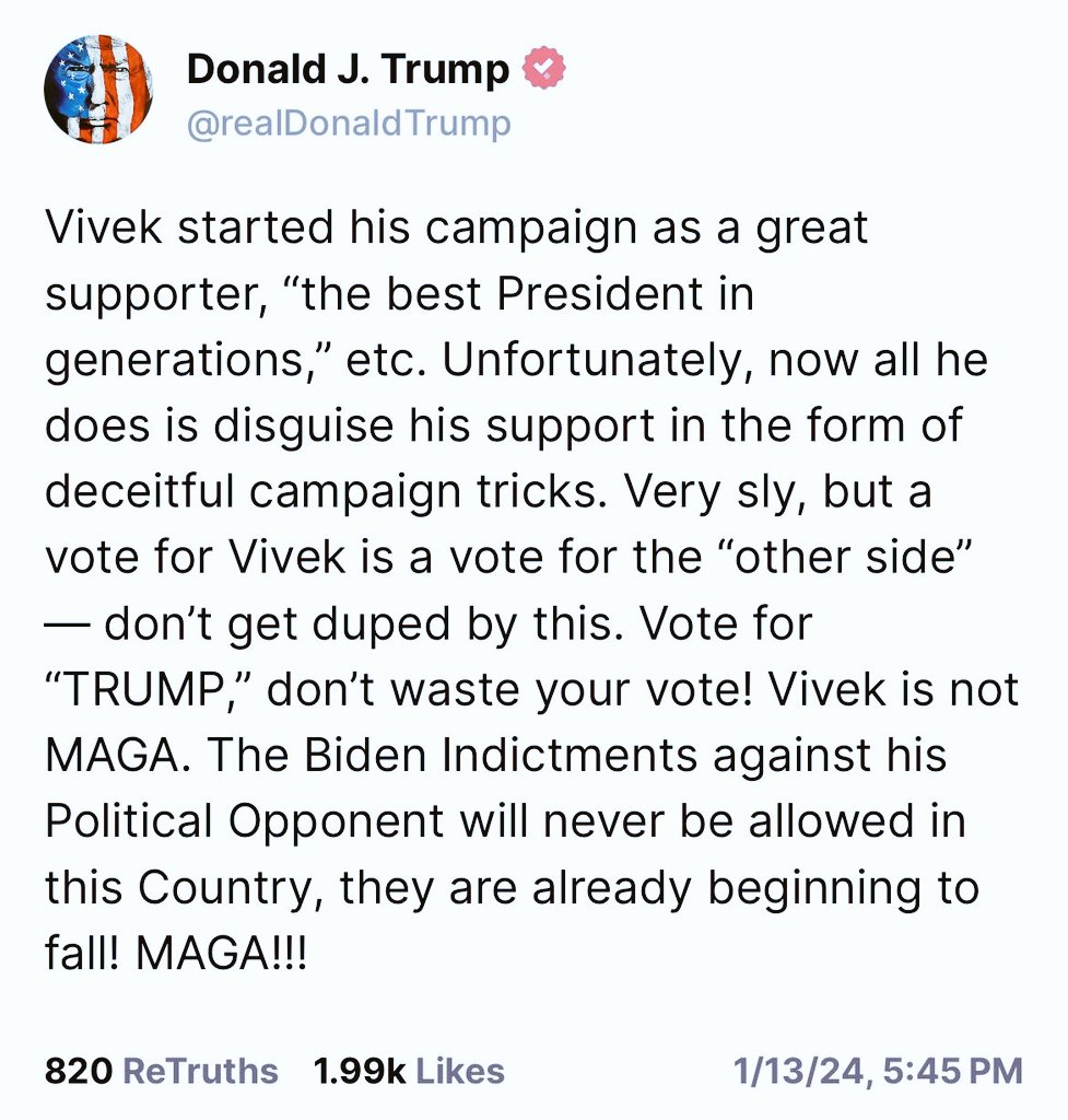 FreyjaTarte's tweet photo. Donald Trump "Vivek is not Maga" https://t.co/3MMNabzhH2