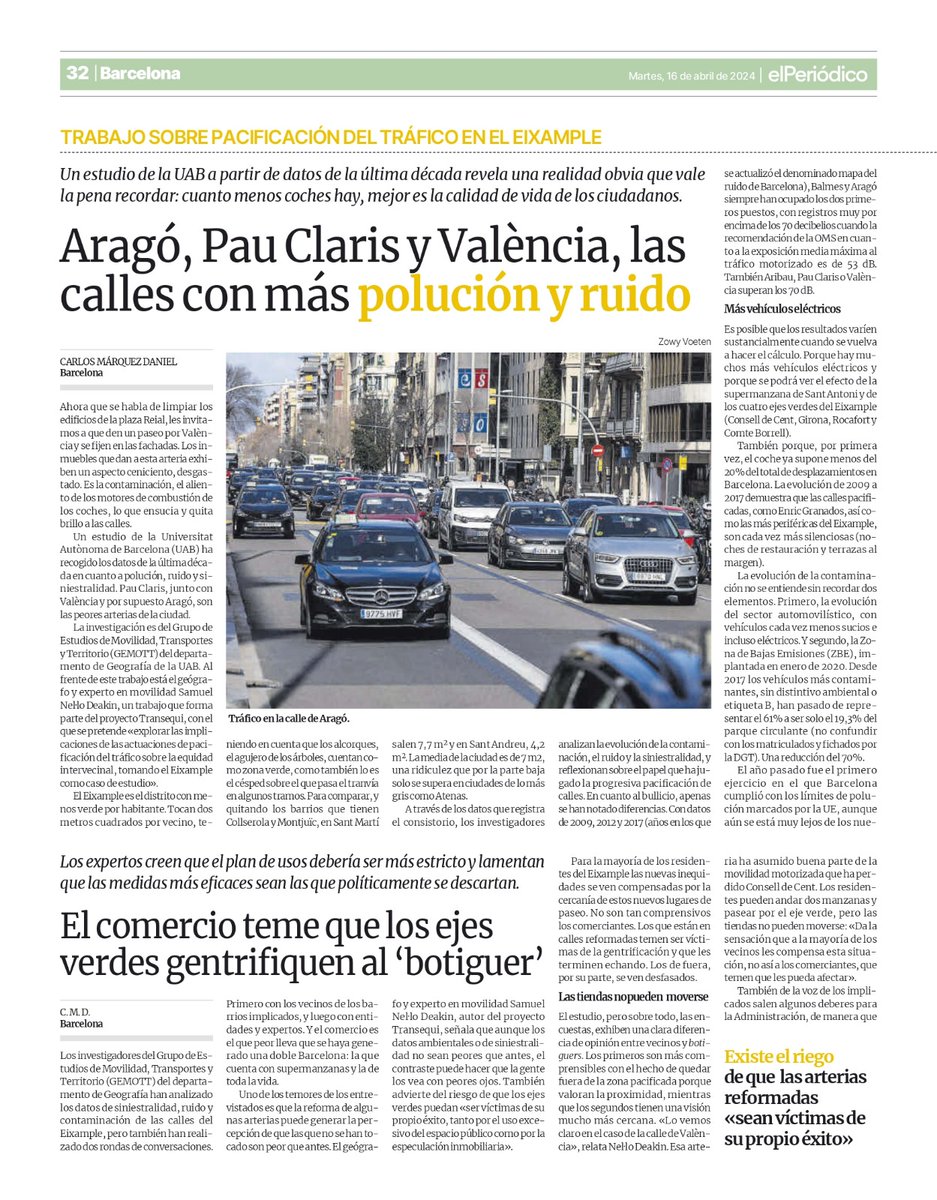 🌫️Aragó, Pau Claris i València, els carrers amb més pol·lució de #Barcelona. L'estudi de @NelloDeakin (GEMOTT) avui a @elperiodico_cat. @Geografia_UAB @uablletres @UABBarcelona