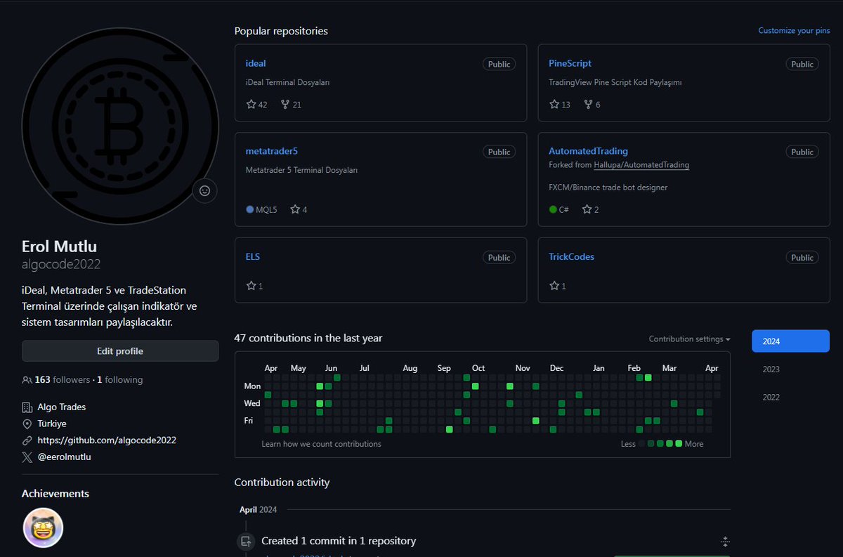 #algo ile ilgili tüm paylaşımlarımı github.com/algocode2022 adresinde bulabilirsiniz, ağırlık iDeal olsada #PineScript, #Metatrader5, #TradeStation dili olan #EasyLanguage (ELS) dillerindede paylaşımlarım vardır. küçük kodlamalar ise twitlerdedir.