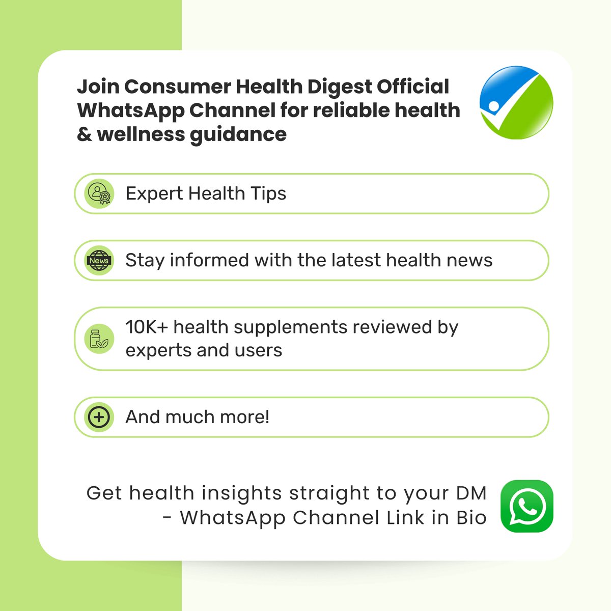 ConsumerHDigest's tweet image. 📢 Stay in the loop with Consumer Health Digest&apos;s Official WhatsApp Channel for trustworthy health advice. 🌟Visit the link to join our WhatsApp channel bit.ly/3Q0wp9u
#consumerhealthdigest #healthtips #wellness #healthnews #stayinformed #healthyliving #Wellbeing