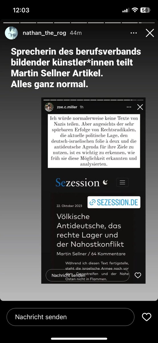 Die Sprecherin des Berufsverbands bildender Künstler:innen teilt in ihrer Instagramstory einen Artikel des rechtsextremen Publizisten Martin Sellner. Mit folgendem Kommentar…