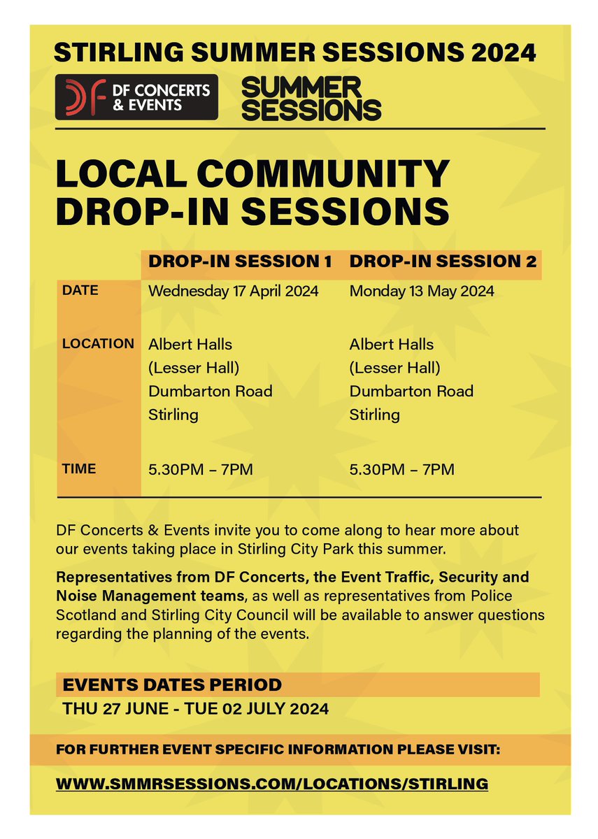 Everyone is invited to attend Stirling Summer Sessions Community Drop-in Sessions. 📅 17/4/24 & 13/5/24 ⏰ 17.30-19 📌@StirAlbertHalls smmrsessions.com/locations/stir… #Stirling @SmmrSessions