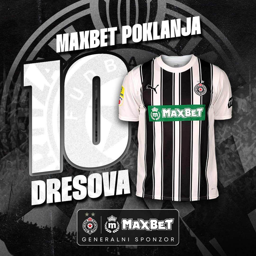 MaxBetSrbija's tweet photo. MaxBet poklanja 10 dresova Partizana! ⚫⚪🎁

Kuglice su odlučile, predstoje nam 2 Večita derbija u narednih nekoliko dana! MaxBet kao generalni sponzor FK Partizana ti tom prilikom nudi šansu da osvojiš dres voljenog kluba!
 
Sve što je potrebno jeste da:

• Zapratiš @MaxBetSrbija  i @maxbetsport 
• U quotu-u napišeš koju veličinu dresa želiš
• U opticaju su veličine S (2), M (2), L (3), XL (3)
• Dozvoljen je 1 quote po osobi
• 10 najsrećnijih izvlačimo u ponedeljak 22.4.
• Učešće je dozvoljeno samo punoletnim osobama.

Srećno svima! 🍀