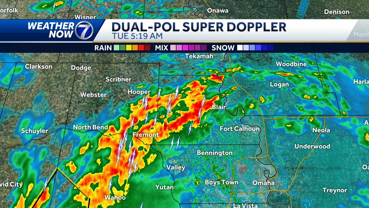 Non-severe storms producing heavy rain and a lot of lightning from Wahoo to Fremont to Blair. Storms are quickly pushing north.
