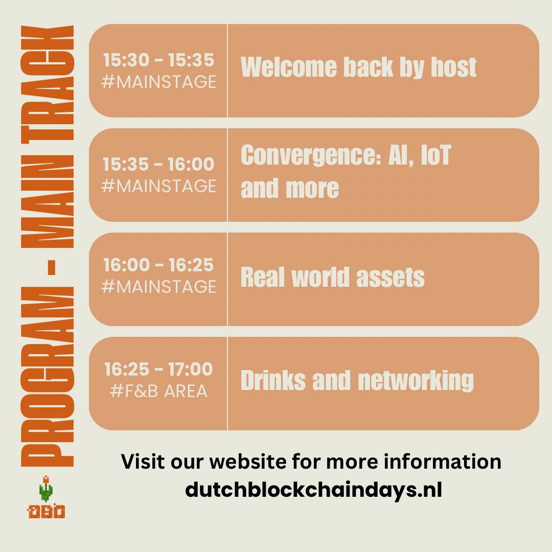 Get ready for a day filled with inspiration and learning at the Dutch Blockchain Days! 

Check out our schedule below and plan your visit via the link below 💥 

🔗 dutchblockchaindays.nl/tickets/

#event #web3 #web3community #blockchain #netherlands #DBD24