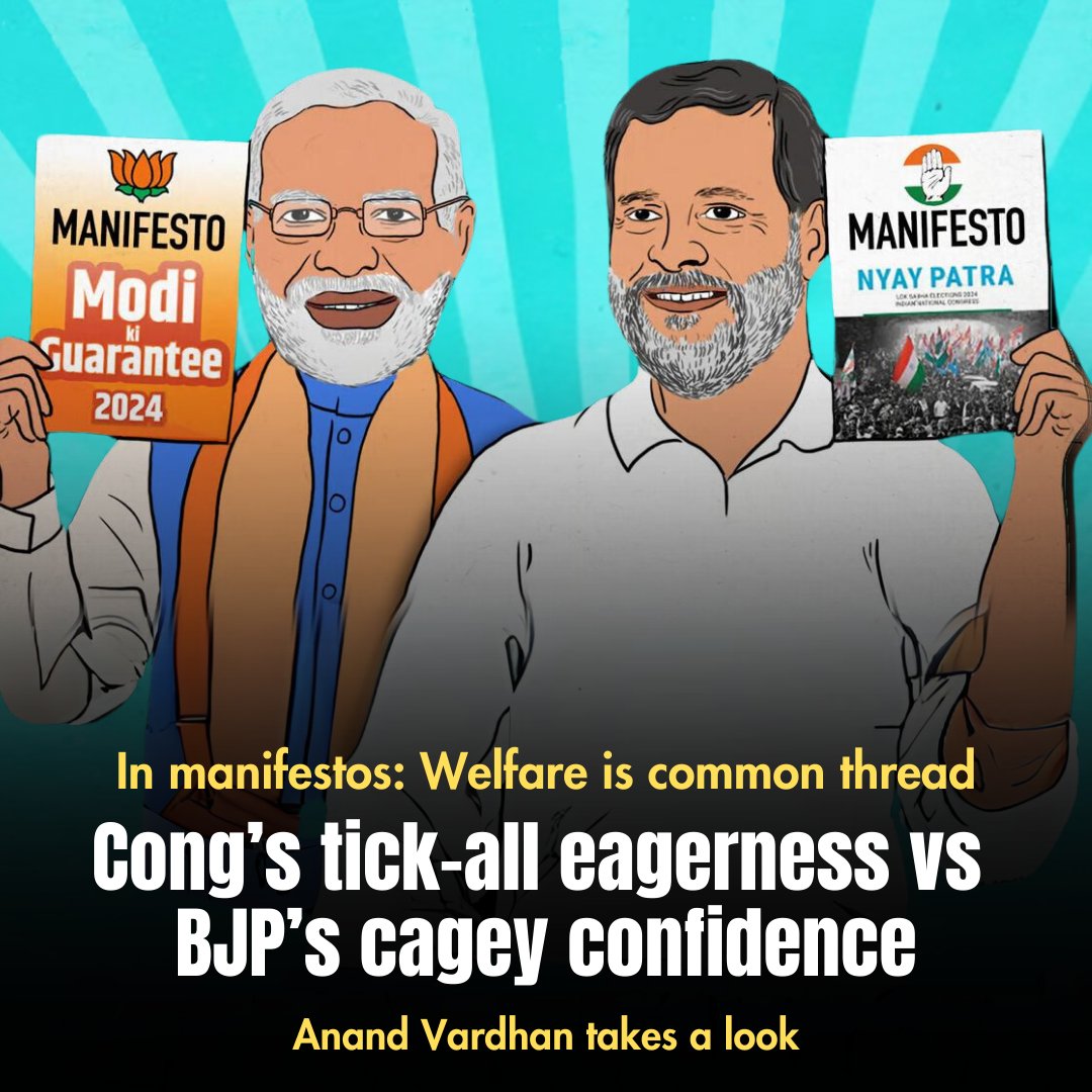 While the Congress’s manifesto seems too eager to tick as many boxes in its bid as a challenger, the BJP’s low-key pitch exudes the air of a party assured of another term in the office. ✍️@anandvardhan26 newslaundry.com/2024/04/16/in-…