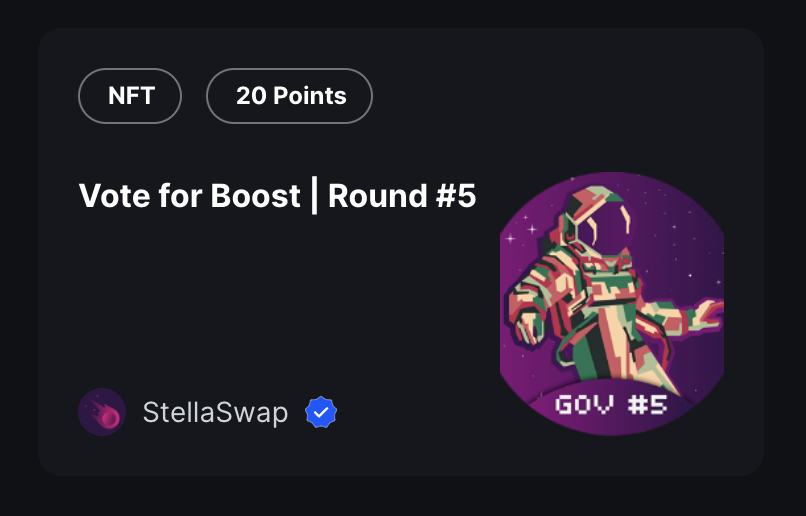 💫 Round #5's exclusive NFT is now available to mint! 🎉 If you voted in the latest round of our Vote-for-Boost, you can collect your NFT now and collect some @Galxe points 👇 app.galxe.com/quest/StellaSw… Climb the leaderboard for a chance to win some ... [secret]