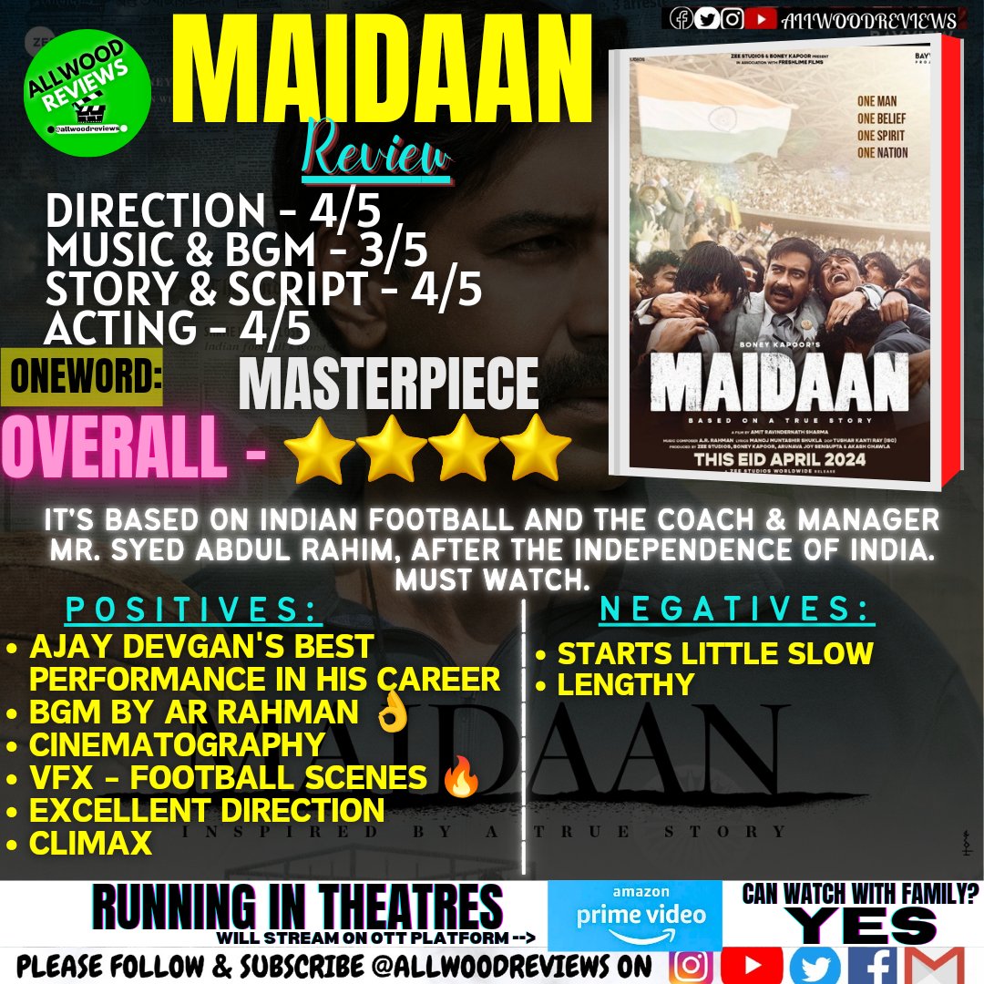 #MaidaanReview: 4/5 OneWord: MASTERPIECE . #Maidaan is one of the best biographies of the Mr #SyedAbdulRahim played by the #AjayDevgan. Each and every cast did wonderful #GajrajRao, #Priyamani, #NitanshiGoel Direction by #AmitSharma 👌 Music by #ARRahman 🔥 #IndianFootball