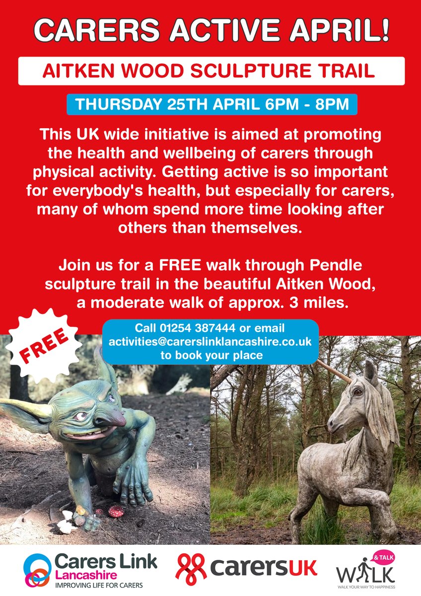 Have you signed up to our Aitken Wood Sculpture Trail Walk? Join us for a FREE walk through the Pendle Sculpture Trail at dusk from 6pm - 8pm on 25th April and see some of the amazing art in the wood! Email activities@carerslinklancashire.co.uk to book your FREE place