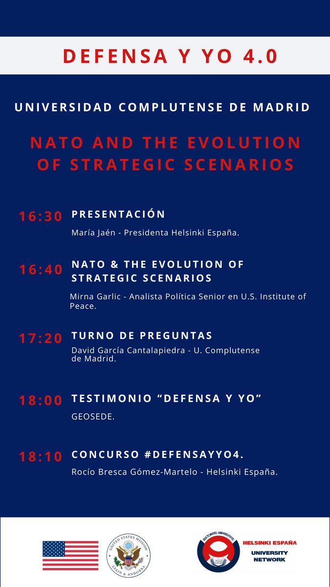 Comenzamos la WEEK 3 de #DefensayYo4 en la @unicomplutense con @GalicMirna, analista política en el @USIP, que tratará sobre la posición actual de la OTAN. Esta iniciativa viene de la mano de @USembassyMadrid, @USConsulateBCN y es implementada por @helsinkiespana