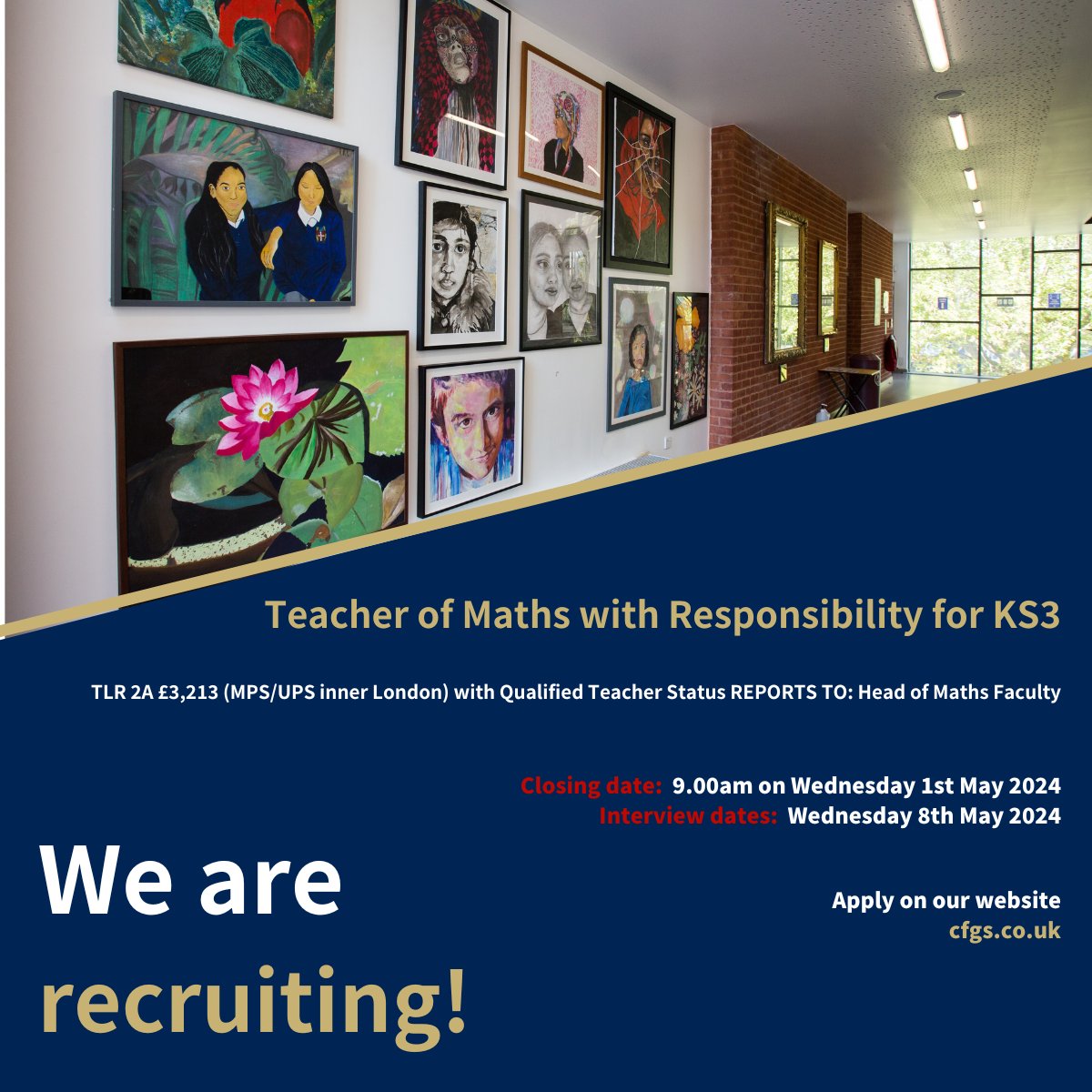 We're searching for a dynamic Teacher of Maths with Responsibility for KS3 to join our team. Closing date: 9:00 am, Wednesday, May 1st, 2024 Interview date: Wednesday, May 8th, 2024 Apply Now cfgs.co.uk/Teaching-Staff…