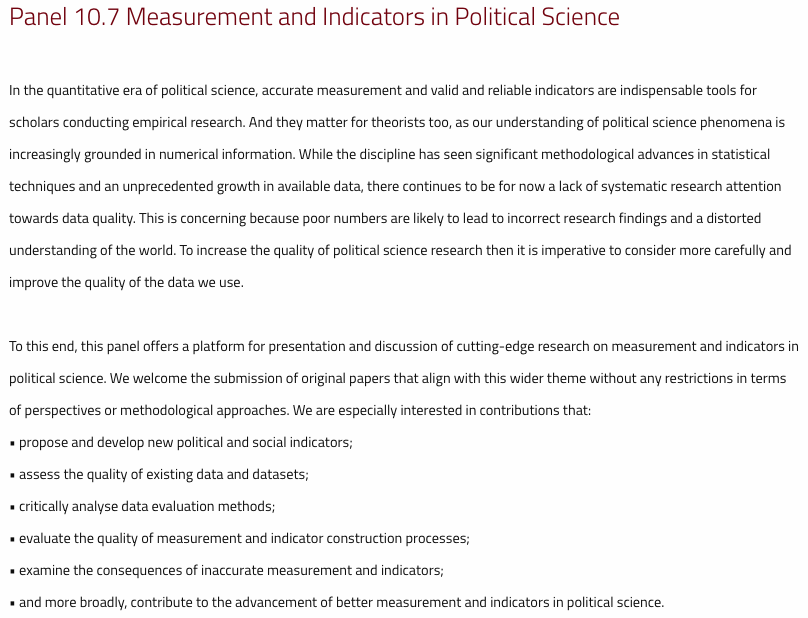 📢 Do you work on measurement and indicators?

👉 I'm organising a panel on this at the 2024 Italian Political Science Association Conference <a href="/sisp__/">Società Italiana di Scienza Politica</a> <a href="/met_sp/">MetRiSP</a> 

⏳ Submit your proposal by 31 May: sisp.it/en/conference2…

📬 Feel free to DM for any questions