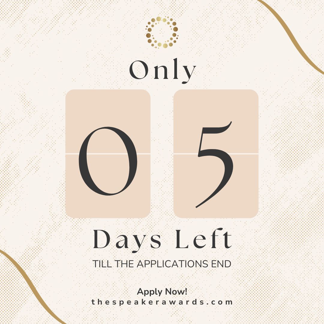 🌟 Only 5 days left to shine at The Speaker Awards!

Elevate your platform and inspire worldwide.

Apply now: thespeakersawards.com

#TheSpeakerAwards #TheSpeakerAwards2024 #PublicSpeaker #PublicSpeaking