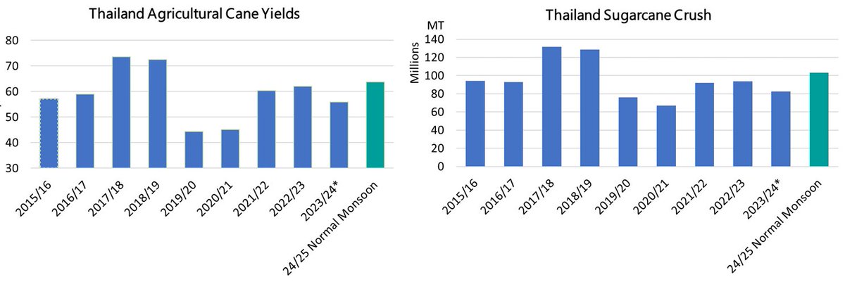 SugarWilmar's tweet photo. 2024/25 Thailand cane production to jump to 100/115 Mt  based on normal weather conditions till December – Sugar production to increase by 2.5 Mt yoy to 11 Mt 
23/24      : crop ends as per our forecast but above market consensus at 82.3 Mt of  cane and 8.7 Mt of sugar.
24/25       :  Sugarcane returns are expected better than cassava by around  $250/ha (equivalent      $ 4-5 per ton of cane).  Farmers are maximizing cane replanting. Our     models show sugarcane cultivation area trend to increase by more than 10%.    Cane yields should come back to average and be above 60 t/ ha.  This   will lead to 24/25 Thailand sugarcane of more than 100 million Mt with   an upside to 115 Mt .     Sugar production to jump by 2.5 M tons YoY , from 8.7 Mt , to more than 11 Mt .