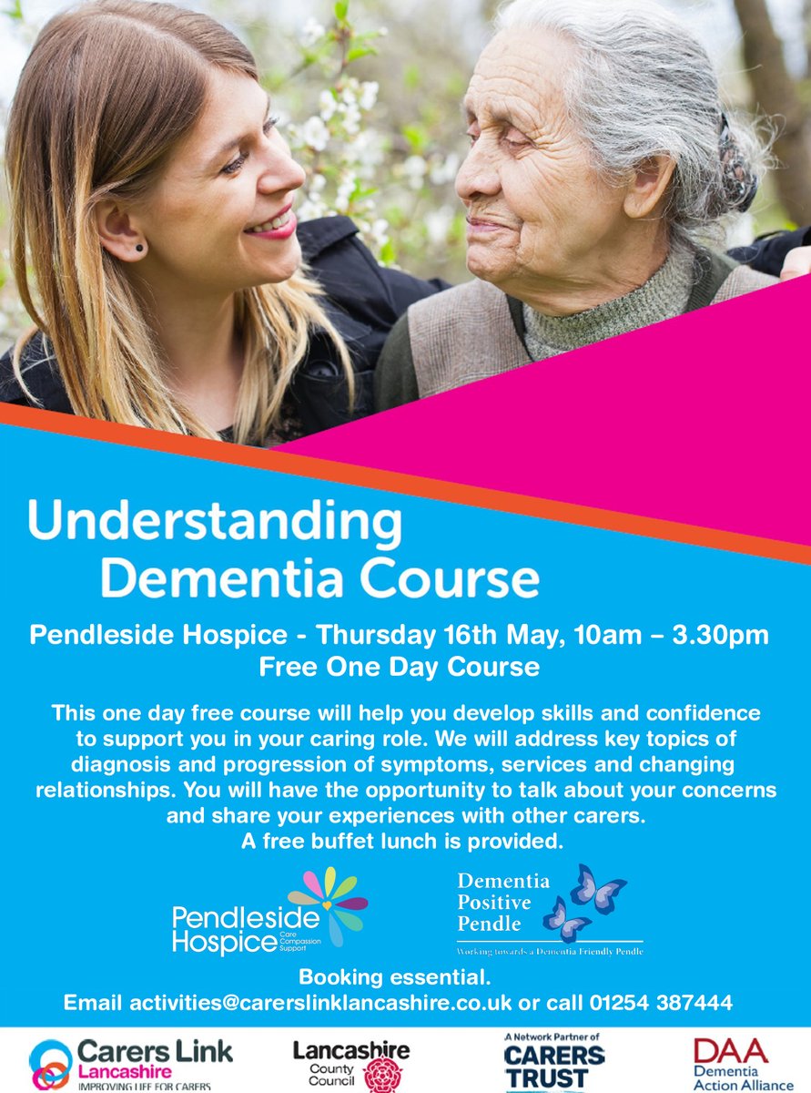 New dates for our FREE Understanding Dementia Course! This course is open to anyone. All course materials provided plus buffet lunch. Call us on 01254 387444 or email activities@carerslinklancashire.co.uk to book More dates at: carerslinklancashire.co.uk/services-activ…
