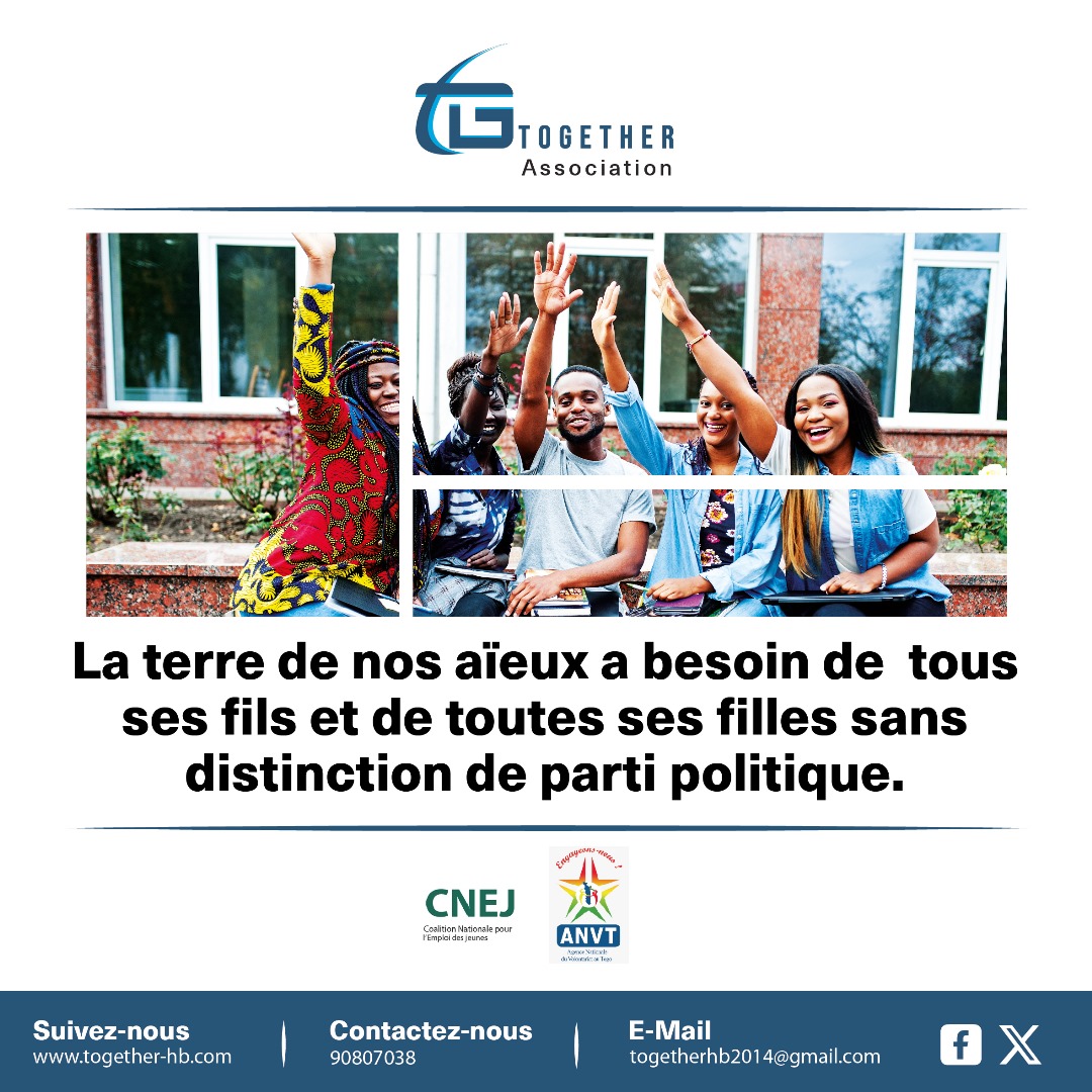 Didier KISSODE 🇹🇬🇧🇯 (@didierkissode) on Twitter photo Ensemble pour des "élections apaisées et sans violences" dans nos communautés.
<a href="/TogetherAsso/">Association TOGETHER</a> × <a href="/CNEJTOGO/">Coalition Nationale pour l'emploi des Jeunes</a> × <a href="/anvt_togo/">Agence Nationale du volontariat au Togo</a> × <a href="/fct228/">Faîtière des Communes du Togo</a>
3/3
#AssociationTogether #CampagneDigitale2024 #Sensibilisation #LegislativesApaisées #RegionalesApaisées
#StopViolence #CitoyenEngagé
#TogoUni Ensemble pour des "élections apaisées et sans violences" dans nos communautés.
<a href="/TogetherAsso/">Association TOGETHER</a> × <a href="/CNEJTOGO/">Coalition Nationale pour l'emploi des Jeunes</a> × <a href="/anvt_togo/">Agence Nationale du volontariat au Togo</a> × <a href="/fct228/">Faîtière des Communes du Togo</a>
3/3
#AssociationTogether #CampagneDigitale2024 #Sensibilisation #LegislativesApaisées #RegionalesApaisées
#StopViolence #CitoyenEngagé
#TogoUni