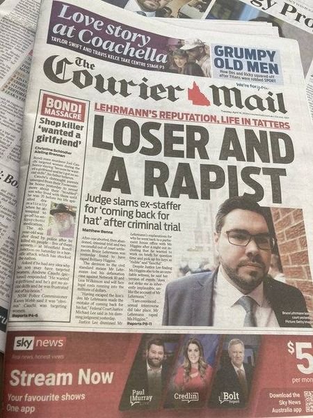 In the Melbourne Murdoch rag, he's headlined as, 'Rapist and a loser.' (sic). But for Lehrmann friendly far-right leaning Q'lders, he's, 'Loser and (oh, almost forgot) a rapist.' The sub-line '...reputation, life in tatters,' is also ambiguously sympathetic sounding. #Lehrmann